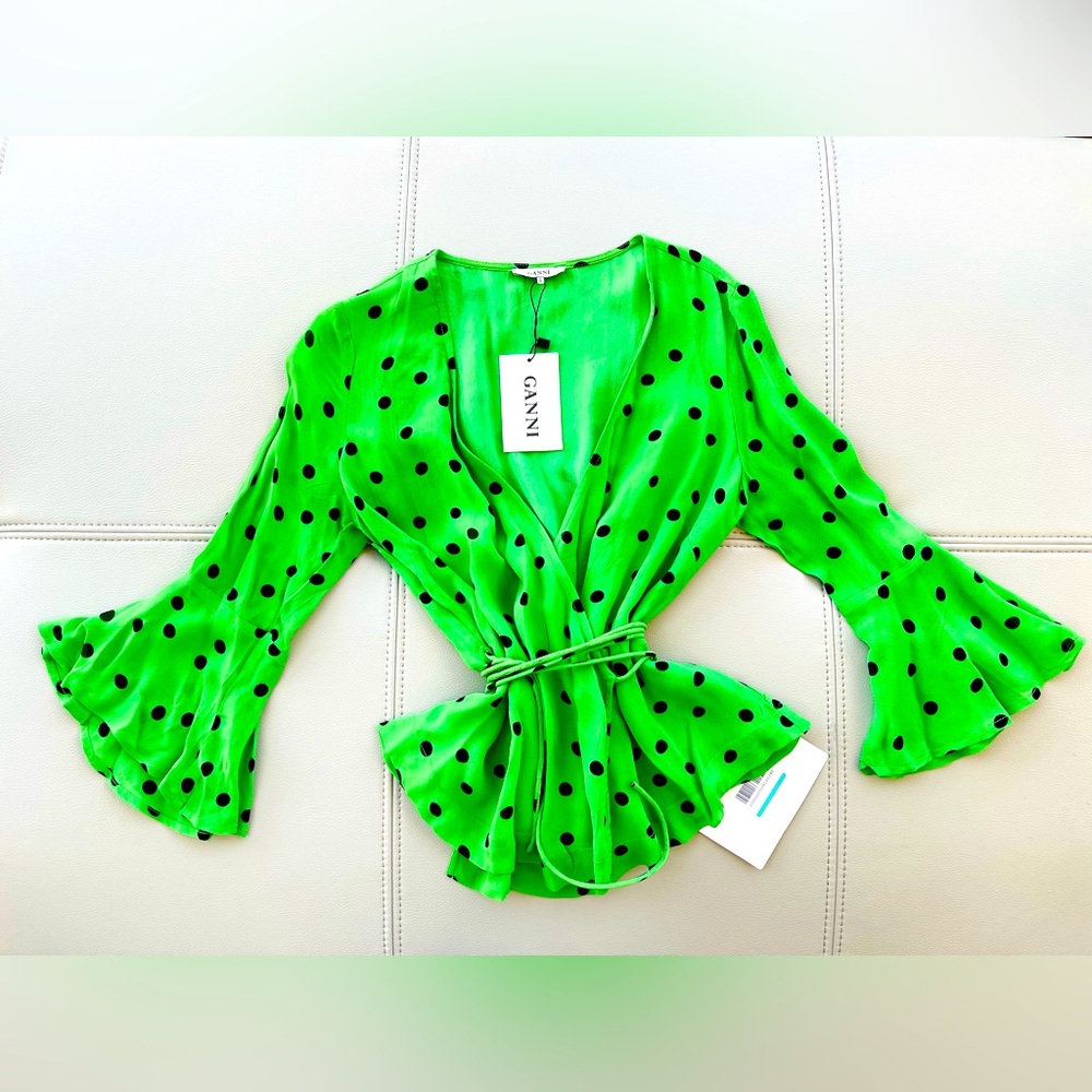NWT! GANNI Dainty Georgette V-Neck Wrap Top w/ Bell Sleeves Green + Blue Dots 34